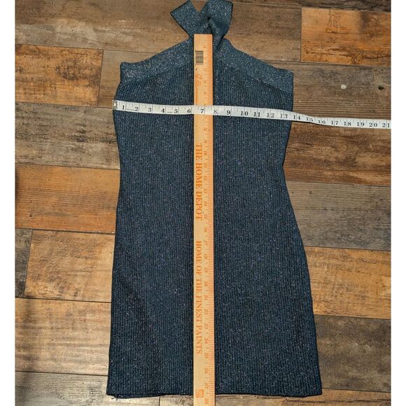 Sincerely Jules Blue Green Metallic Ribbed Knit Halter Mini Dress S Y2K Bodycon - Picture 3 of 4